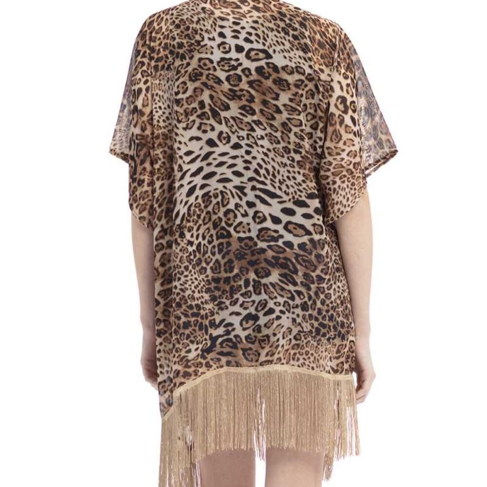 Women’s Leopard Print Cover Up Vest Swimsuit cover up kimono Sheer Fringe - Picture 2 of 7